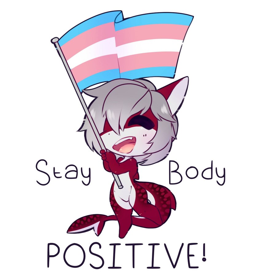 anthro black_markings chibi countershading featureless_crotch female flag flag_(object) flagpole grey_hair hair happy holding_flag holding_object lgbt_pride markings nude nude_anthro open_mouth pride_colors red_body simple_background smile solo text text_emphasis transgender_pride_colors white_background white_body jinxit shizuko_izumi canid canine canis fish hybrid mammal marine requiem_shark shark tiger_shark wolf english_text hi_res gynomorph_(lore) trans_(lore) trans_woman_(lore)