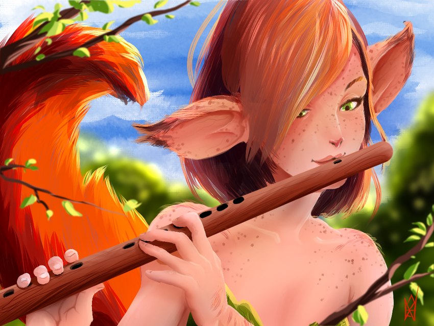 female flute freckles fur green_eyes hair humanoid_pointy_ears looking_away multi_ear musical_instrument pointy_and_animal_ears pointy_ears raised_tail red_body red_fur red_hair smile solo tail wind_instrument woodwind_instrument nahadon activision spyro_the_dragon elora faun_(spyro) humanoid 4:3