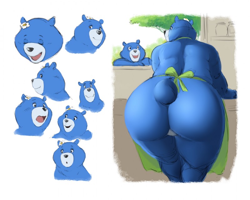 anthro apron apron_only big_butt black_nose blue_body blue_fur butt clothed clothing duo eyes_closed eyewear featureless_crotch female flower fur glasses huge_butt leaning leaning_forward male mascot mature_anthro mature_female mostly_nude open_mouth open_smile partially_clothed plant rear_view smile standing thick_thighs wide_hips aoino_broome conditional_dnp charmin charmin_bear charmin_ultra_soft_mom bear mammal 5:4