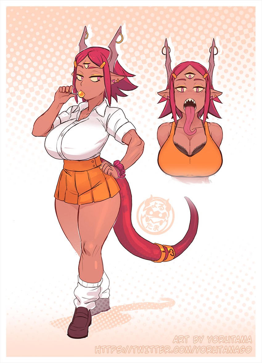 3_eyes big_breasts bottomwear breasts candy cleavage clothed clothing dessert female food footwear hair hand_on_hip lollipop longe_tongue multi_eye not_furry red_hair shoes skirt solo tongue tongue_out yorutamago cereza_(yorutama) demon demon_humanoid humanoid hi_res