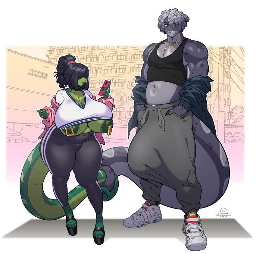 anthro big_breasts big_bulge black_hair breasts bulge cellphone clothing duo electronics facial_piercing female footwear hair hair_over_eyes high_heels huge_breasts huge_bulge hyper hyper_bulge lips male nipple_piercing nipples nose_piercing phone piercing shoes boosterpang dai_(kazeattor) ivy_sovanna reptile scalie snake hi_res