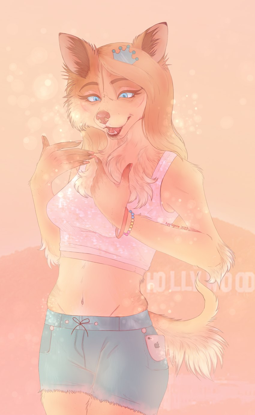 alternate_form alternative_fashion anthro anthrofied arm_tuft blue_eyes bottomwear bracelet cellphone cheek_tuft chest_tuft clothing crop_top crown cutoffs denim denim_bottomwear denim_clothing elbow_tuft electronics facial_tuft female fluffy fluffy_tail fur fur_markings gyaru hair headgear himekaji humanoid_hands inner_ear_fluff j-fashion jewelry long_hair markings midriff navel open_mouth open_smile phone pointy_ears prick_ears realistic shirt shorts slim smartphone smile snout solo sparkles sparkling_clothing tail tank_top tiara topwear tuft y2k_(fashion) applepvw apple_inc. hasbro iphone littlest_pet_shop littlest_pet_shop:_popular alicia_hamilton lps_765 canid canine canis chihuahua domestic_dog mammal toy_dog absurd_res hi_res pastel_theme