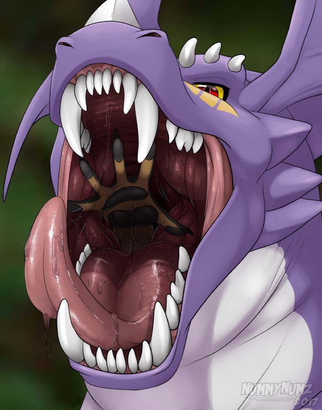 ambiguous_form ambiguous_gender bodily_fluids duo open_mouth oral_vore purple_body purple_skin red_eyes saliva swallowing teeth tongue tongue_out vore nummynumz bandai_namco digimon fakemon mythology dragoneer_(character) fan_character dragon murasadramon mythological_creature mythological_scalie scalie hi_res