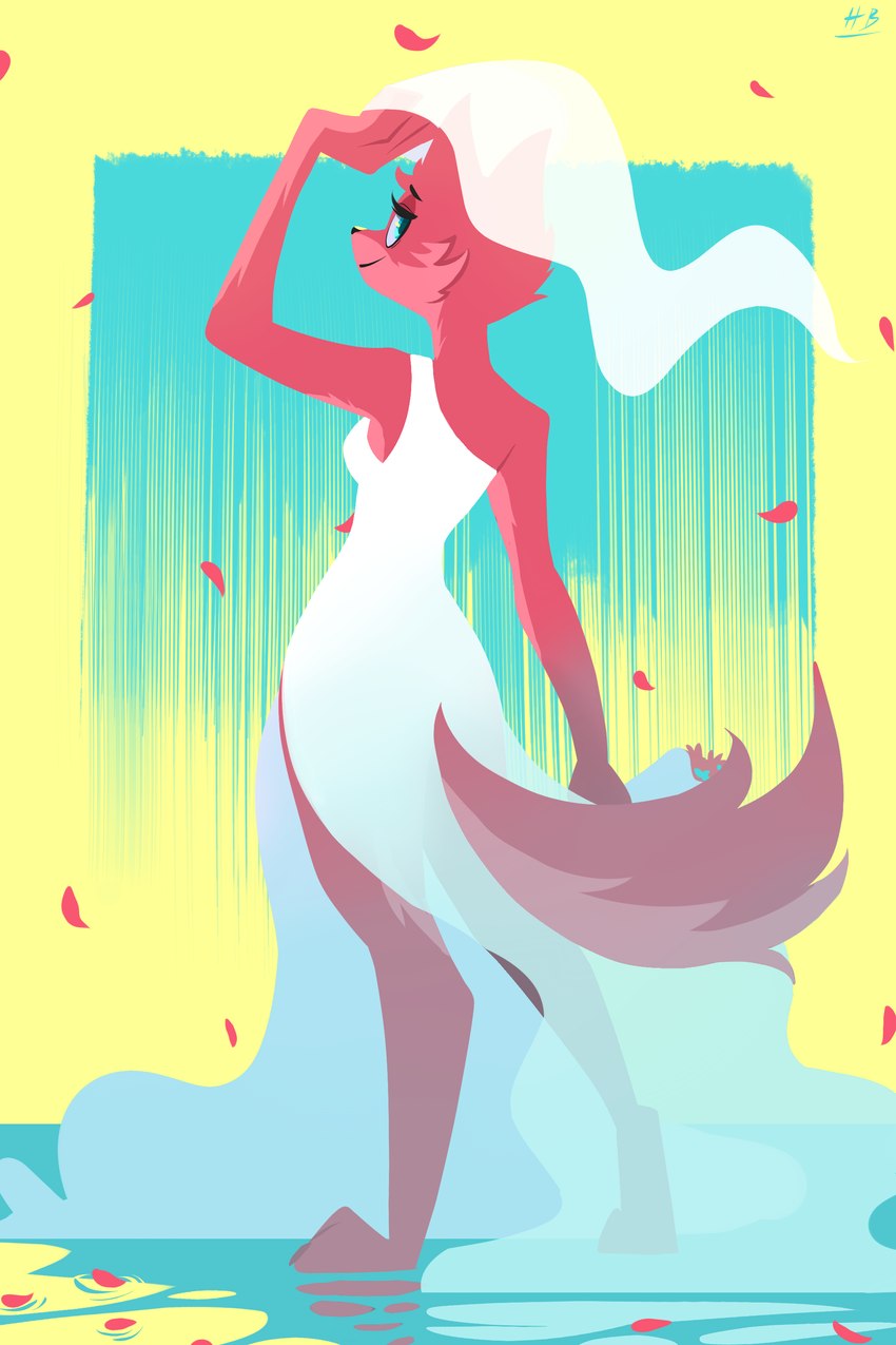 anthro breasts cheek_tuft clothing dress facial_tuft female fur looking_at_viewer looking_back looking_back_at_viewer petals red_body red_fur smile solo tuft water wedding_dress hydrabb canid canine mammal 2021 2:3 absurd_res digital_media_(artwork) hi_res lineless