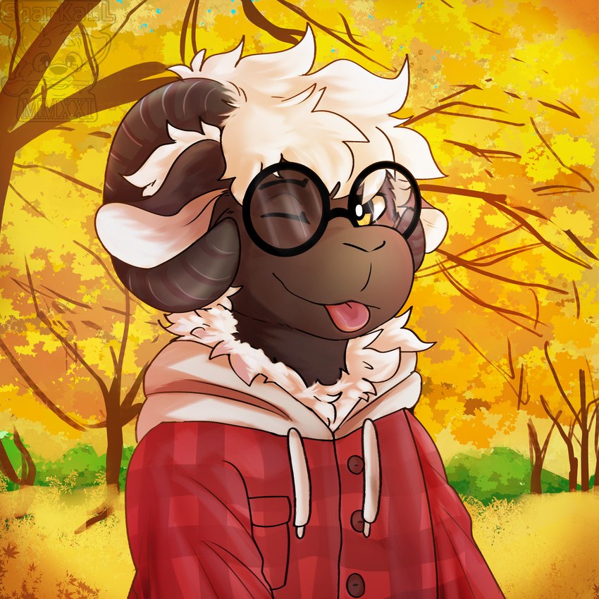 autumn blep clothed clothing detailed_background eyewear forest glasses hair horn jacket outside plant solo tongue tongue_out topwear tree white_hair yellow_eyes sharkall bovid caprine goat mammal 1:1 absurd_res hi_res