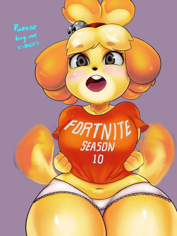 anthro big_breasts blush breasts camel_toe clothed clothing dialogue female solo wide_hips lyn_nyl animal_crossing epic_games fortnite nintendo isabelle_(animal_crossing) canid canine canis domestic_dog mammal shih_tzu toy_dog 3:4 hi_res