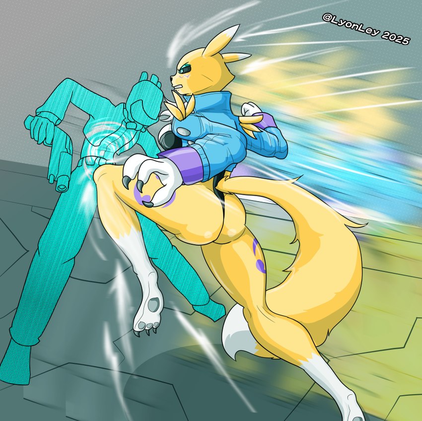 anthro blue_eyes butt clothing female fight fur hitting jacket mostly_nude speed_lines symbol symbol_on_thigh tomoe_(symbol) topwear yellow_body yellow_fur lyonley bandai_namco digimon canid canine digimon_(species) fox mammal renamon