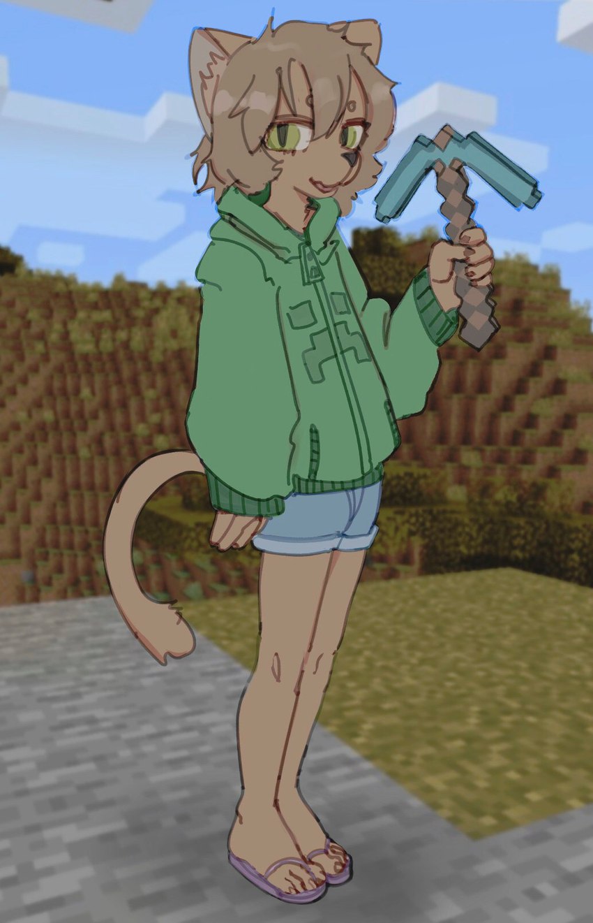 5_fingers anthro bangs biped black_nose bottomwear brown_body brown_fur brown_hair brown_nails clothing cloud colored_nails cowlick day diamond_pickaxe femboy fingers flip_flops footwear fur grass green_eyes hair holding_object hoodie inner_ear_fluff looking_at_viewer male nails open_mouth outside plant pupils raised_arm sandals shadow shoes short_hair shorts slit_pupils solo standing topwear tuft gigawix microsoft minecraft mojang xbox_game_studios domestic_cat felid feline felis mammal hi_res