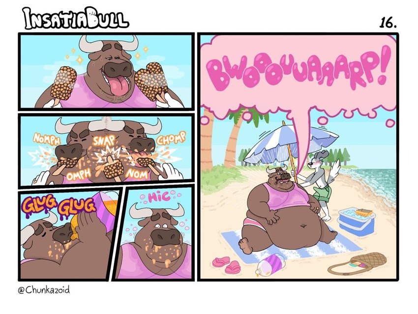 beach belly beverage big_belly blush burping chugging clothed clothing cooler dessert duo eating erection erection_under_clothing food ice_cream male male/male messy_eater morbidly_obese obese onomatopoeia overweight overweight_male seaside soda sound_effects text thick_thighs tongue tongue_out chunkazoid bovid bovine canid canine canis cattle domestic_dog mammal 4:3 comic