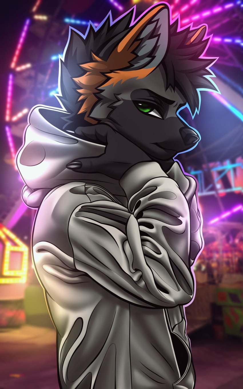 ambiguous_gender amusement_park anthro clothing green_eyes hoodie looking_at_viewer solo topwear italo_dober eddy_fox_crossfox canid canine cross_fox fox mammal red_fox true_fox 5:8 hi_res