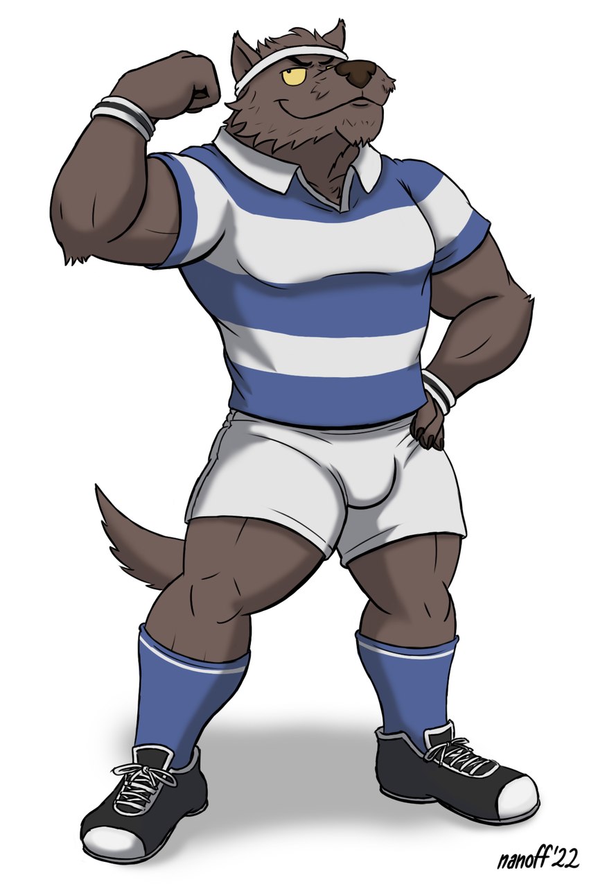 accessory aged_down anthro biceps clothing flexing flexing_bicep footwear headband male muscular muscular_male rugby_uniform socks solo nanoff boomer_(nanoff) canid canine canis mammal wolf 2:3 hi_res