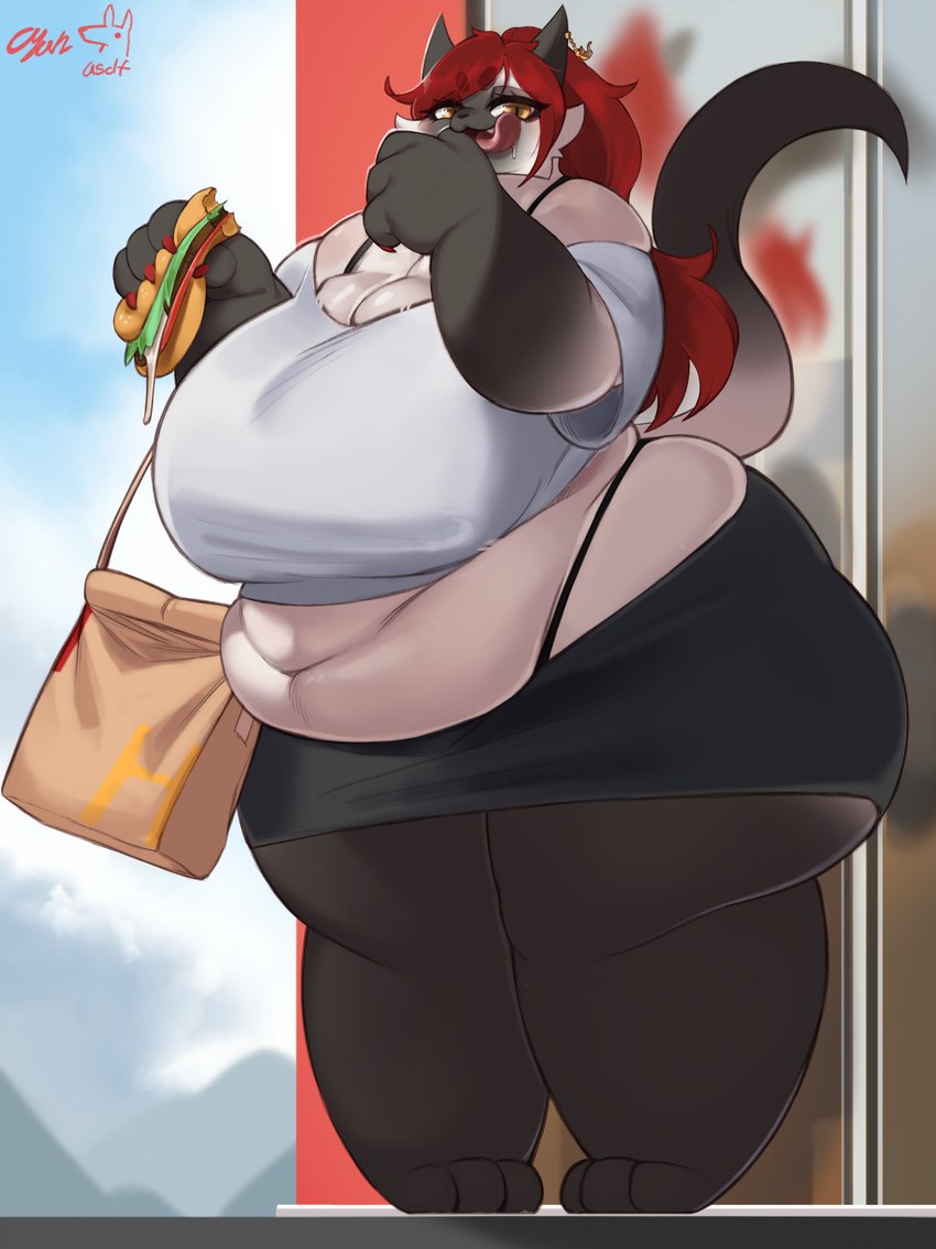 anthro bag belly big_belly big_breasts big_butt breasts butt clothed clothing curvy_figure female food fur hair holding_food holding_object huge_belly huge_breasts huge_butt hyper hyper_butt outside overweight overweight_anthro overweight_female red_hair sandwich_(food) smile solo standing tail thick_thighs tongue topwear voluptuous wide_hips cyan_asdf felid feline mammal 2025 absurd_res hi_res signature