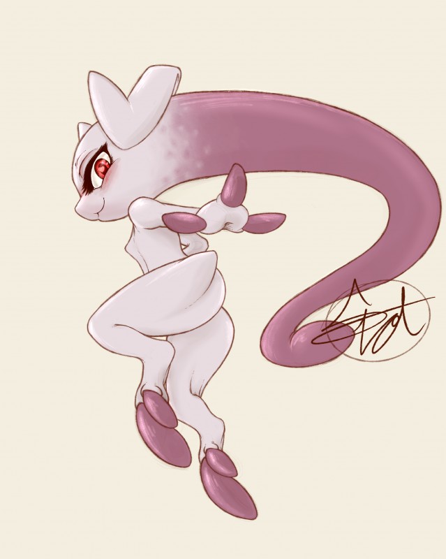 ambiguous_gender blush butt eyelashes looking_at_viewer looking_back red_eyes semi-anthro simple_background smile solo its-spot nintendo pokemon generation_6_pokemon legendary_pokemon mammal mega_evolution mega_mewtwo mega_mewtwo_y pokemon_(species) 2017 absurd_res digital_media_(artwork) hi_res signature