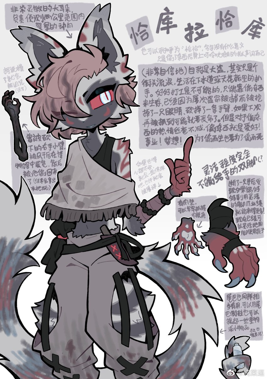 anthro bottomwear brown_bottomwear brown_clothing brown_hair brown_pants clothed clothing fur grey_body grey_fur grey_tail hair kemono male one_eye_closed pants red_body red_fur red_sclera smile solo tail text weibo_logo zhang_gun weibo mammal species_request chinese_text hi_res model_sheet translated