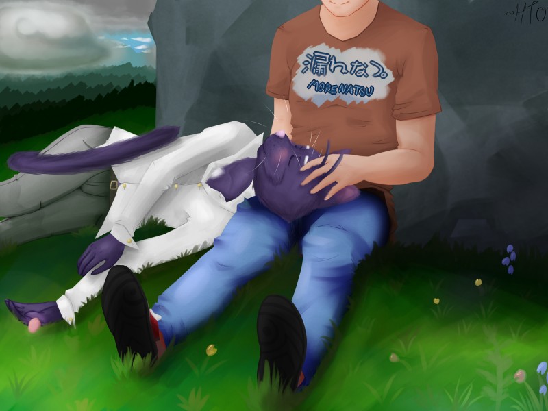 anthro belt blush bottomwear caressing clothing cloud day detailed_background duo eyes_closed faceless_character faceless_male footwear fur grass happy lying male nature outside pants plant purple_body purple_fur resting shirt shoes sitting sky sleeping smile topwear htodinth morenatsu hiroyuki_(morenatsu) shin_(morenatsu) domestic_cat felid feline felis human mammal 2014 4:3 hi_res