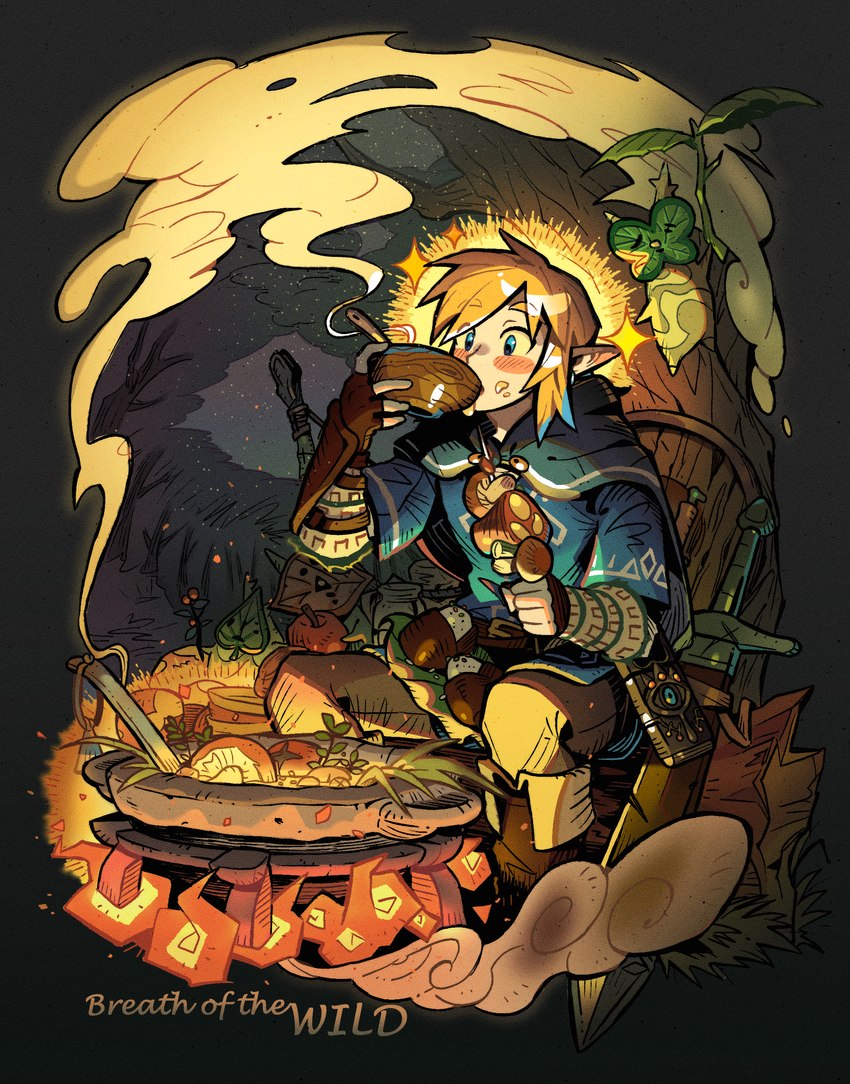 blonde_hair blue_eyes blush bowl clothing container cooking fingerless_gloves food footwear gloves group hair handwear holding_food holding_object humanoid_pointy_ears light_body light_skin male melee_weapon not_furry plant pointy_ears sheikah_slate sitting skewer smoke sword tablet_computer text tree weapon 9twoeight breath_of_the_wild nintendo the_legend_of_zelda hollo_(tloz) linder_(tloz) link makar elf humanoid hylian korok absurd_res english_text hi_res