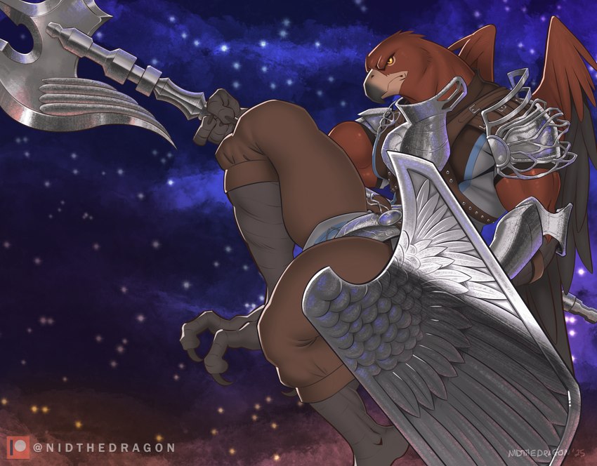 anthro armor bare_arms barefoot beak belt black_body black_feathers black_scutes bottomwear bracers breastplate breechcloth brown_body brown_feathers claws clothing feathered_wings feathers feet flying halberd holding_halberd holding_melee_weapon holding_object holding_polearm holding_shield holding_weapon loincloth male melee_weapon multicolored_beak multicolored_wings muscular muscular_anthro muscular_male orange_eyes pants pauldron polearm scutes shield shirt short_sleeves sky solo star starry_sky topwear weapon wings ragnarokdragon elden_ring elden_ring_nightreign fromsoftware guardian_(nightreign) accipitrid accipitriform avian bird