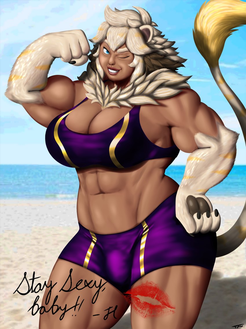 abs beach big_breasts blue_eyes bra breasts brown_body brown_skin cleavage clothed clothing feline_eyes flexing flexing_bicep fur gynomorph hair intersex looking_at_viewer mane mane_hair muscular muscular_gynomorph muscular_intersex one_eye_closed pawpads paws sea smile solo sports_bra sportswear striped_body striped_fur stripes underwear water white_body white_fur wink winking_at_viewer themysteriousgray hayden_(solfies) animal_humanoid felid felid_humanoid humanoid hybrid liger mammal mammal_humanoid pantherine 3:4 absurd_res hi_res