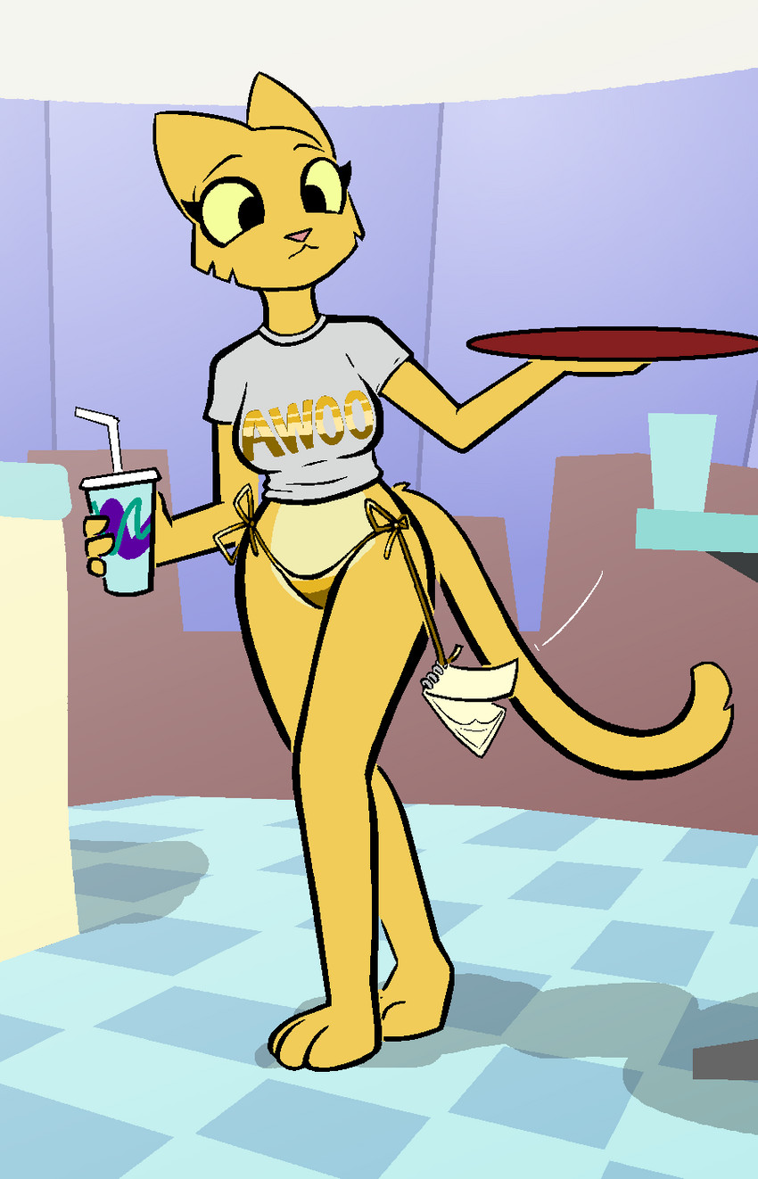 anthro awoo barefoot beverage bikini bikini_bottom clothing countershading exposure_variation feet female fur inside shirt side-tie_bikini solo standing string_bikini swimwear text text_on_clothing text_on_shirt text_on_topwear topwear two-piece_swimsuit yellow_body yellow_fur aygee microsoft prequel_adventure solo_jazz_pattern the_elder_scrolls katia_managan felid khajiit mammal 2020 9:14 hi_res meme