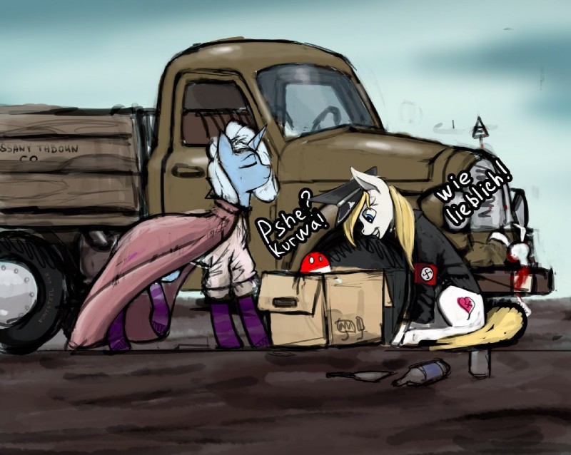 blonde_hair blood bodily_fluids bottle box car clothing coat container duo female feral footwear germany hair horn legwear light_truck motor_vehicle nazi pickup_truck raincoat scrap sitting socks swastika text topwear truck vehicle mozgan countryballs friendship_is_magic hasbro my_little_pony mythology aryanne_(character) fan_character polandball trixie_(mlp) earth_pony equid equine horse lagomorph leporid mammal mythological_creature mythological_equine pony rabbit unicorn german_text polish_text translated