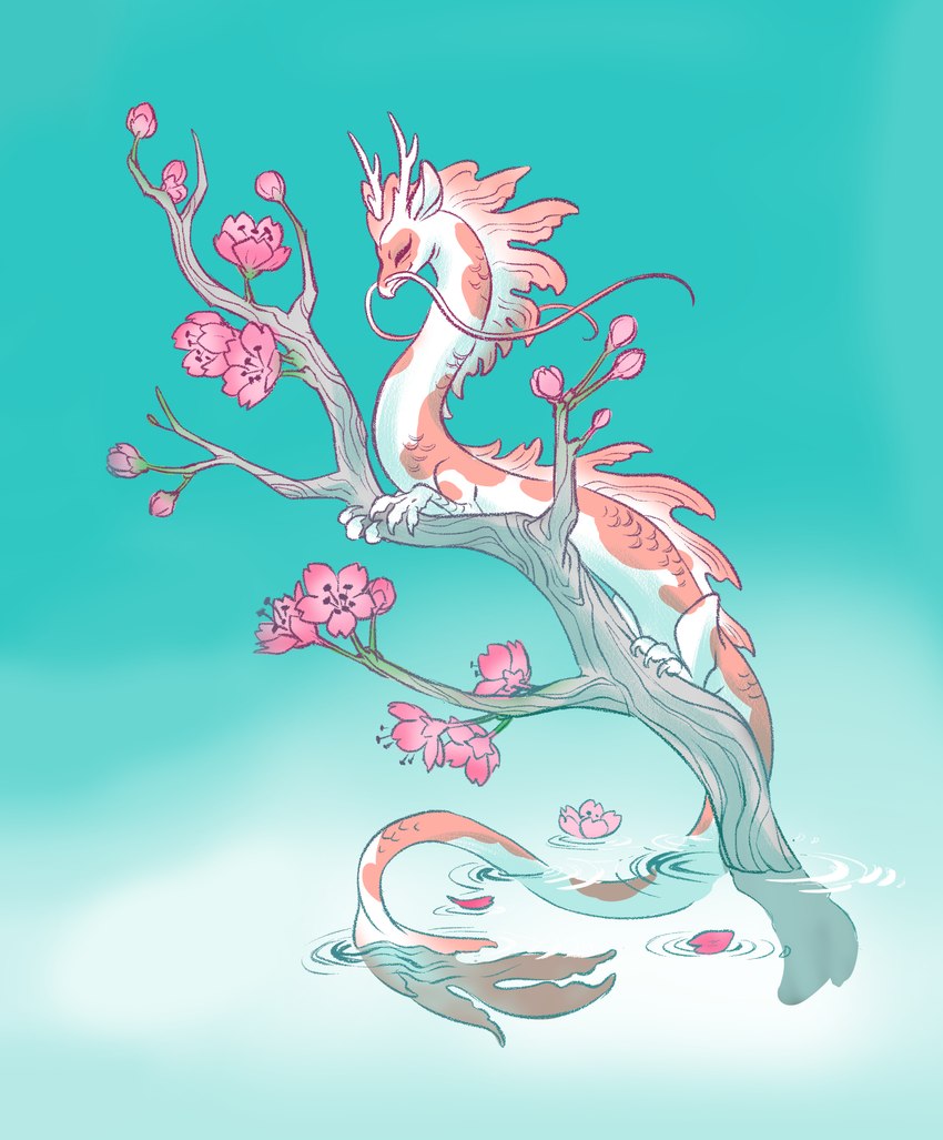 ambiguous_gender barbel_(anatomy) cherry_blossom claws feral flesh_whiskers flower horn partially_submerged plant prunus_(flower) quadruped solo water mamath cc-by-nc-nd creative_commons mythology dragon eastern_dragon mythological_creature mythological_scalie scalie absurd_res hi_res