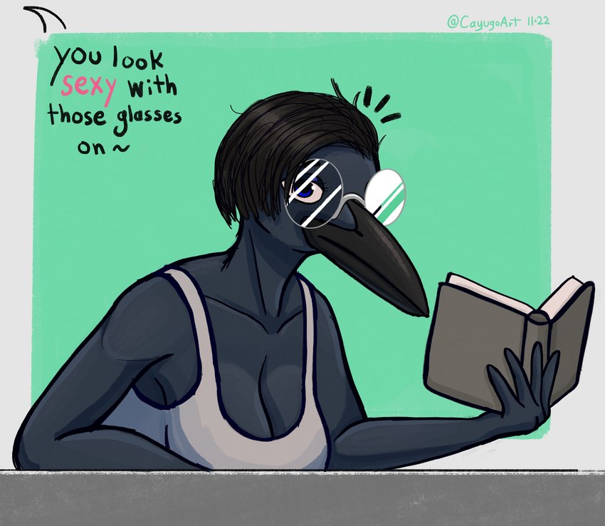 anthro beak black_body black_hair blue_eyes book breasts clothed clothing eyewear female fingers glasses hair holding_object shirt shocked simple_background solo tank_top text topwear cayugo avian bird corvid corvus_(genus) crow oscine passerine absurd_res digital_media_(artwork) english_text hi_res