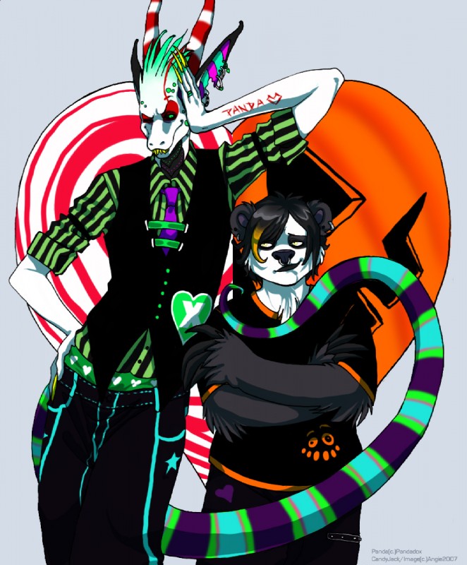 alternative_fashion anthro clothed clothing duo ear_piercing eye_bags facial_markings facial_piercing front_view glamfur head_markings holidays j-fashion larger_male male markings neon nose_piercing nose_ring piercing ring_piercing septum_piercing size_difference smaller_male sparklefur stripes tail visual_kei unknown_artist halloween mythology candyjack panda_dox bear dragon giant_panda hybrid mammal mythological_creature mythological_scalie scalie angie_(disambiguation)