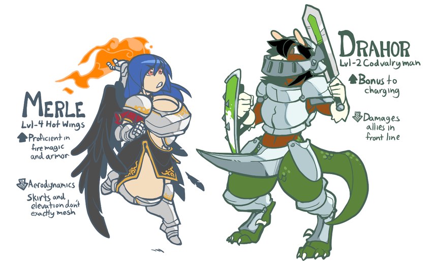 anthro armor bevor big_breasts black_body black_feathers black_hair blue_hair breastplate breasts brown_body brown_fur cleavage clothed clothing codpiece couter cuirass dragon_tail duo elemental_manipulation feathers female fire fire_manipulation fur gauntlets gloves green_body green_scales hair handwear headgear helmet magic magic_user male melee_weapon mouthplate pauldron pink_eyes plackart poleyn sabatons scales shield sword tail tassets text vambrace weapon wings jinti mythology drahor_(drahor) dragon equid equine horse human hybrid mammal mythological_creature mythological_scalie scalie english_text