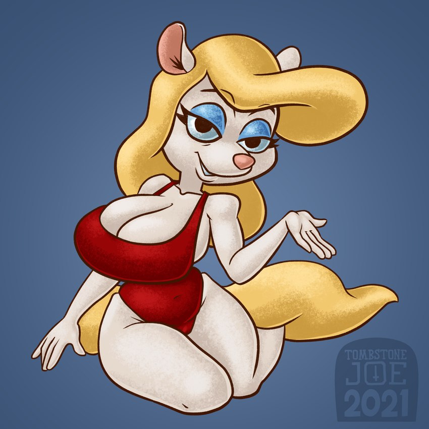 5_fingers anthro blonde_hair breasts cleavage clothed clothing female fingers hair red_clothing red_swimwear solo swimwear white_body tombstonejoe animaniacs warner_brothers minerva_mink mammal mink mustelid musteline true_musteline 1:1 hi_res