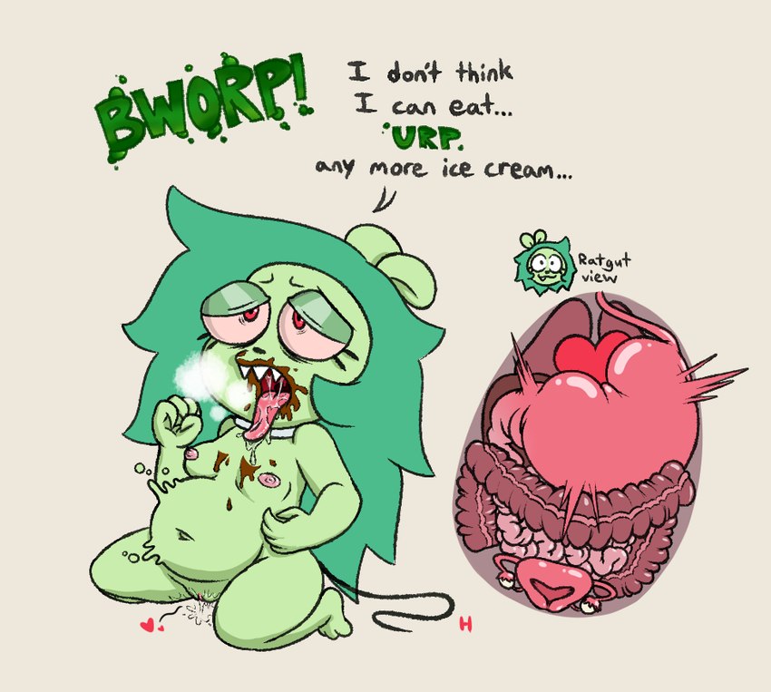 3_toes 5_fingers adolescent anthro areola aroused belly biped black_nose black_tail black_text bloated bodily_fluids breasts breath burping collar cute_fangs dessert dialogue eyelashes fallopian_tubes fangs feet female female_anthro fingers food full_stomach fur genital_fluids genitals green_areola green_body green_fur green_hair green_text grey_background guts hair half-closed_eyes heart_(organ) heart_symbol humanoid_genitalia humanoid_pussy ice_cream internal internal_organs intestines kneeling liver loli long_hair lung medium_breasts messy narrowed_eyes navel nipples nude nude_anthro nude_female open_mouth organs ovaries pink_areola pink_nipples pink_sclera plantigrade pussy pussy_juice_on_leg pussy_juice_on_pussy red_eyes saliva saliva_on_tongue saliva_string sharp_teeth simple_background solo stomach stuffing tail teeth text thin_tail toes tongue tongue_out uterus uvula vaginal_fluids white_collar young young_anthro young_female capital-h cartoon_network ok_k.o.!_let's_be_heroes fink_(ok_k.o.!_lbh) mammal murid murine rat rodent 2024