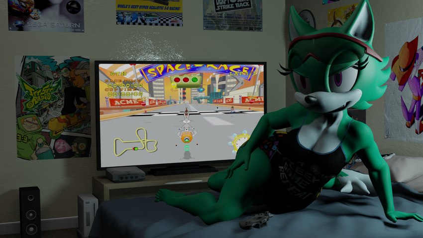 anthro bed bedroom bedroom_eyes company_connection dark_room dreamcast_console electronics female fur furniture game_console gamer_girl green_body green_fur narrowed_eyes purple_eyes seductive solo lechugansfw spongebat1 jet_set_radio looney_tunes sega sega_dreamcast sonic_forces sonic_the_hedgehog_(series) warner_brothers bugs_bunny custom_character_(sonic_forces) fan_character fang_the_hunter tweety_bird canid canine canis dipodid jerboa mammal rodent wolf 16:9 3d_(artwork) blender_(artwork) daz_studio_(artwork) digital_media_(artwork) hi_res widescreen