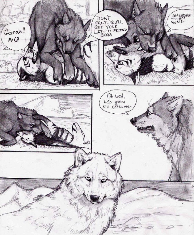 dialogue digitigrade female feral male quadruped text natsumewolf rikku wolf's_rain wolf's_rain_next_generation coop_(wrng) kiba_(wolf's_rain) lord_darcia_iii natsume_(wrng) oz_(wrng) canid canine canis mammal wolf comic english_text greyscale monochrome