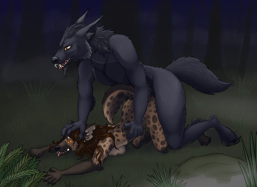 anthro brown_body brown_hair captured dire duo female forest from_behind_position fur grey_body grey_fur hair male male/female markings orange_eyes outside plant questionable_consent raised_tail restrained sex spots spotted_markings tail teeth tree yellow_eyes thehatredburrito mythology grata canid canine canis gnoll hyena mammal mythological_canine mythological_creature werecanid werecanine werecreature werewolf wolf absurd_res hi_res