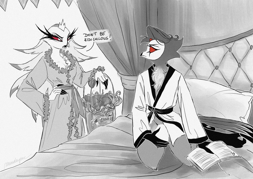 angry anthro basket bed bedding black_text blanket book clothing container crown dialogue duo egg eye_contact female fur furniture grey_body grey_fur grey_hair hair headgear long_hair looking_at_another male pillow red_eyes robe short_hair simple_background sitting speech_bubble standing text white_background white_body white_face white_fur white_hair mundayme helluva_boss stella_(helluva_boss) stolas_(helluva_boss) anatid anseriform anserinae avian avian_demon bird demon owl owl_demon swan hi_res