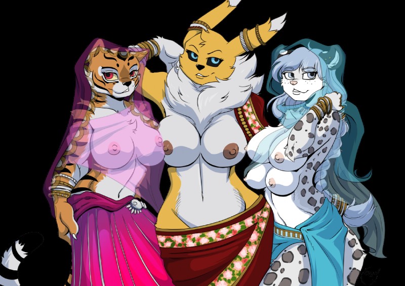 4_breasts anthro belly_dancer big_breasts black_sclera blue_eyes bracelet braided_hair breast_size_difference breasts cheek_tuft clothed clothing facial_tuft female fur group hair hand_on_hip harem_outfit jewelry long_hair looking_at_viewer markings multi_breast multicolored_body multicolored_fur neck_tuft nipples red_eyes simple_background smile spots spotted_body spotted_fur standing striped_body striped_fur stripes topless translucent translucent_clothing transparent_background tuft two_tone_body two_tone_fur wide_hips yawg bandai_namco digimon dreamworks kung_fu_panda clarisse_(yawg) master_tigress canid canine digimon_(species) felid mammal pantherine renamon tiger 2018 alpha_channel