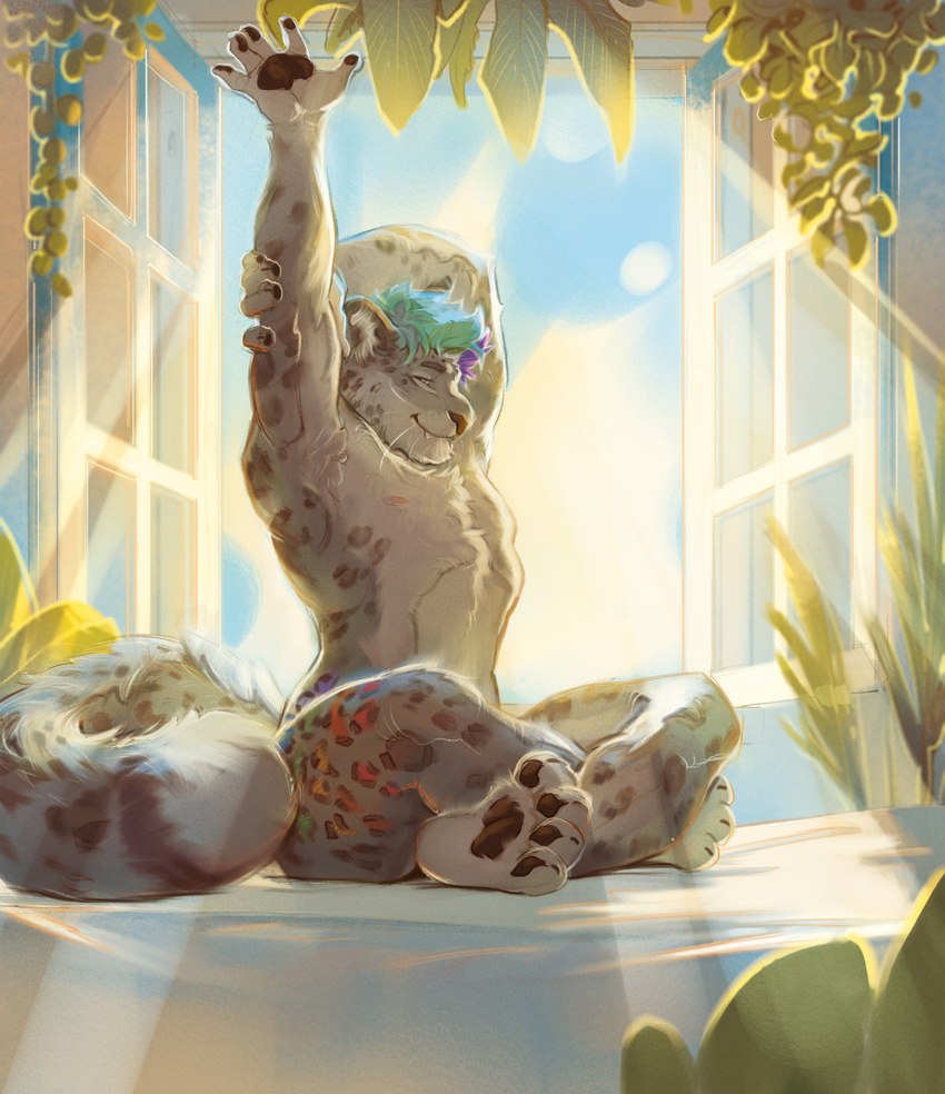 anthro blue_hair blue_sky chest_tuft crossed_legs hair inner_ear_fluff leaf leopard_spots light light_beam male markings multicolored_markings nipples pawpads paws plant purple_hair rainbow_markings raised_arm retractable_claws sitting sky snaggle_tooth solo spots stretching sunbeam sunlight tail three-quarter_view tuft whiskers window red_snow_leopard felid mammal pantherine snow_leopard 2025 digital_media_(artwork) hi_res