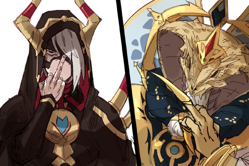 5_fingers clothed clothing duo fingers hair hood humanoid_hands male mask red_eyes scales snake_hood white_hair yellow_body yellow_scales nj_noin sdorica devious_(sdorica) human mammal reptile scalie snake 2019 3:2