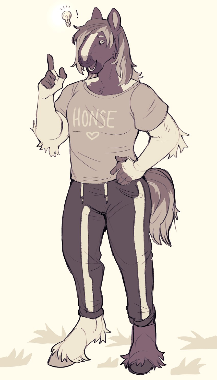 anthro bottomwear clothing fur hooves idea_bulb logo_on_shirt male mane mottled mottled_body mottled_fur pants piebald piebald_body piebald_fur shirt solo sweatpants t-shirt tail topwear kinksiyo murphythehonse clydesdale draft_horse equid equine horse mammal absurd_res hi_res sketch