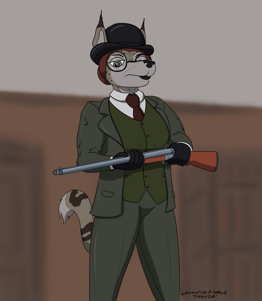 anthro blurred_background bowler_hat clothing displeased double_barrel_shotgun eyewear female glasses gun hat headgear headwear left-handed looking_at_viewer looking_down looking_down_at_viewer necktie ranged_weapon shotgun solo stern suit three_piece_suit topwear vest weapon panzerschreckleopard bridgette_o'shane canid canine canis domestic_dog felid feline hunting_dog hybrid lynx lynxuki mammal saluki sighthound 2021 absurd_res hi_res