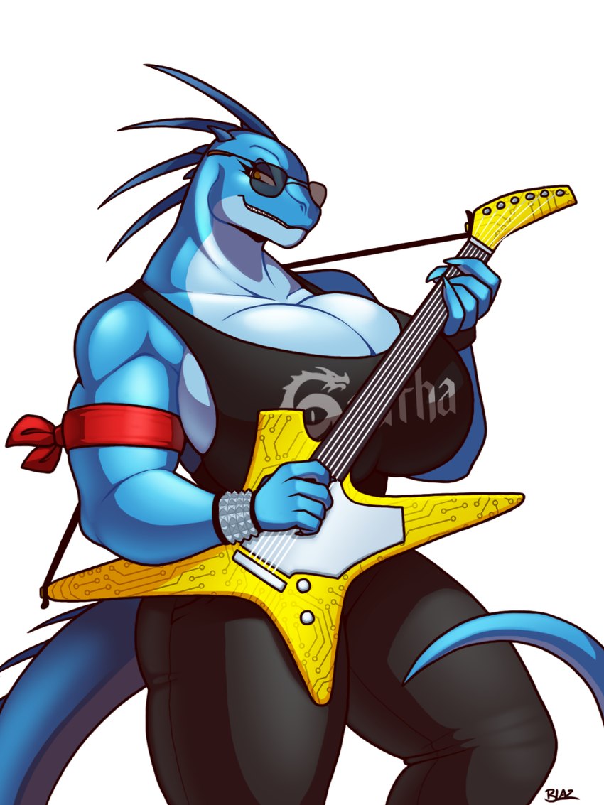 anthro big_breasts blue_body blue_scales breasts cleavage clothed clothing electric_guitar eyewear female guitar huge_breasts muscular muscular_anthro muscular_female musical_instrument non-mammal_breasts plucked_string_instrument scales shirt smile solo spiked_tail spikes spikes_(anatomy) standing string_instrument sunglasses tail tank_top thick_thighs topwear blazbaros jackson_guitars warrior_(jackson_guitars) dinosaur dromaeosaurid prehistoric_species reptile scalie theropod 3:4 hi_res