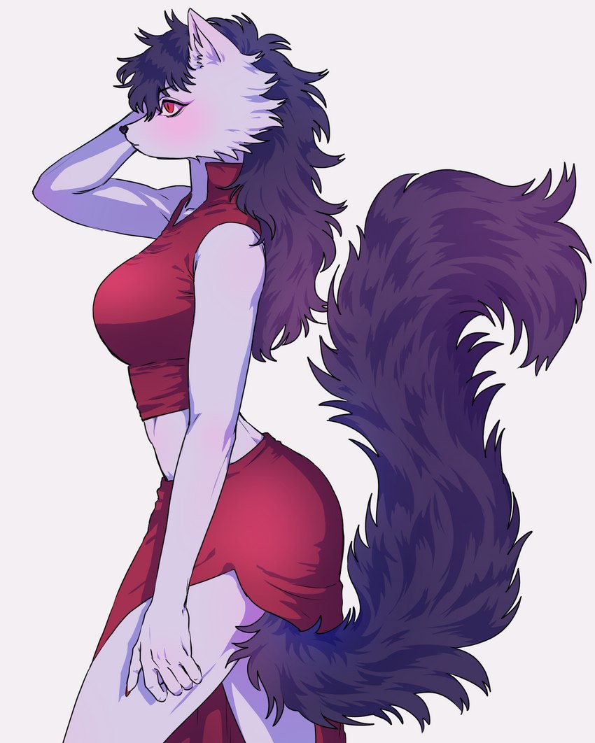 anthro black_nose blush bottomwear clothed clothing eyebrow_through_hair eyebrows female fluffy fluffy_tail fur hair inner_ear_fluff purple_body purple_fur purple_hair purple_tail red_clothing red_eyes simple_background skirt solo standing tail tail_under_skirt translucent translucent_hair tuft halfyen digital_media_(artwork) hi_res