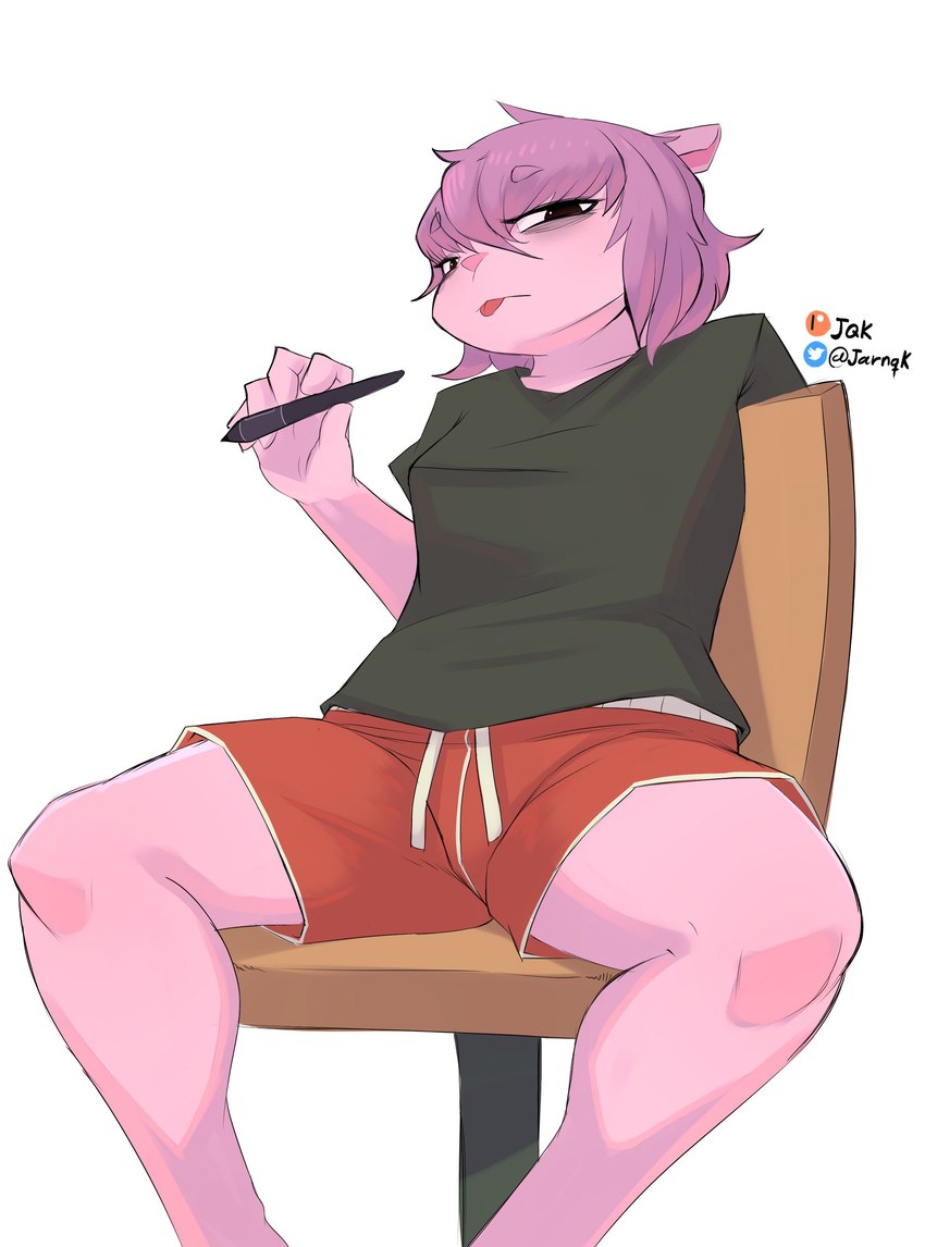 anthro blep bottomwear chair clothed clothing eye_bags female fully_clothed fur furniture hair holding_object holding_pen looking_at_viewer pen pink_body pink_fur purple_hair red_bottomwear red_clothing red_shorts shirt shorts simple_background sitting solo spread_legs spreading t-shirt tongue tongue_out topwear white_background jarnqk robin_(jarnqk) mammal mink mustelid musteline true_musteline 2024 absurd_res digital_drawing_(artwork) digital_media_(artwork) hi_res signature