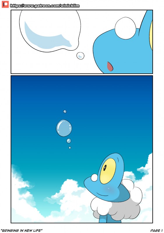 ambiguous_gender blowing_bubbles blush bubble cloud detailed_background outside sky skyscape smile solo winick-lim nintendo pokemon froakie generation_6_pokemon pokemon_(species) 2018 absurd_res comic hi_res