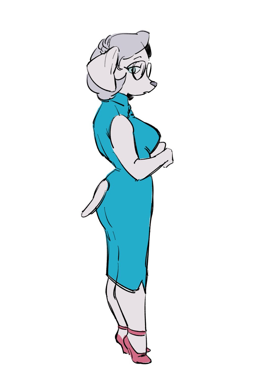 ankle_strap_heels anthro bent_arm big_breasts big_ears biped black_eyebrows black_eyewear black_glasses black_nose blue_clothing blue_dress blue_eyes breasts button_ears clothed clothed_anthro clothed_female clothing curved_eyebrows dress eyebrows eyelashes eyewear female floppy_ears footwear fur glasses grey_body grey_ears grey_fur grey_hair grey_tail hair high_heels iris light_body light_fur light_hair long_eyelashes looking_at_viewer medium_hair monotone_body monotone_fur monotone_hair monotone_tail open_mouth pupils red_clothing red_footwear red_high_heels shoes simple_background snout solo standing straight_legs tail thin_eyebrows three-quarter_view wearing_glasses white_background white_sclera sori0414 canid canine canis domestic_dog mammal 2025 digital_drawing_(artwork) digital_media_(artwork) full-length_portrait hi_res portrait