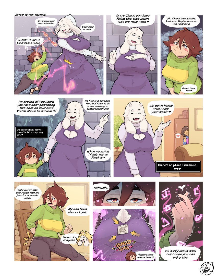 anthro big_breasts big_butt bottomwear breasts butt chair cleavage cleavage_cutout clothed clothing cutout dialogue dress duo eyes_closed female fur furniture horn inside magic mature_female pants sitting smile sore speech_bubble sweater text topwear white_body white_fur cumbread undertale undertale_(series) asgore_dreemurr chara_(undertale) frisk_(undertale) toriel boss_monster_(undertale) bovid caprine goat human mammal 2023 absurd_res digital_media_(artwork) english_text hi_res