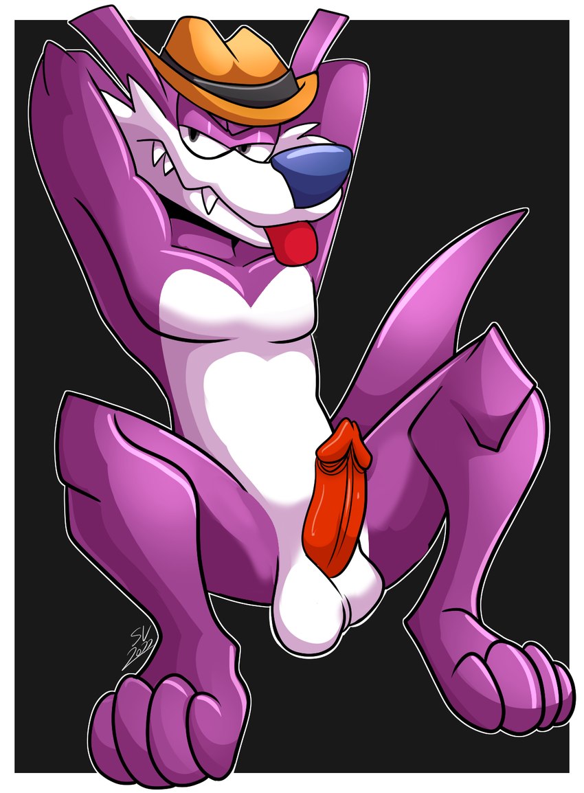 anthro balls big_feet clothing erection feet fur genitals grumpy half-closed_eyes hands_behind_back hat headgear headwear male narrowed_eyes penis purple_body purple_fur red_penis sharp_teeth solo teeth tongue tongue_out white_body white_fur fatalsyndrome sega sonic_the_hedgehog_(series) fang_the_hunter dipodid jerboa mammal rodent hi_res