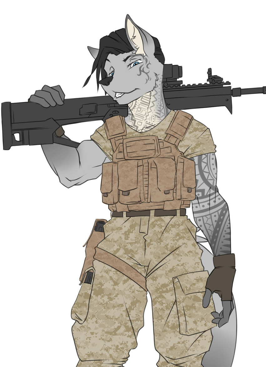 anthro black_hair blue_eyes bulletproof_vest clenched_teeth clothed clothing fangs female fluffy fluffy_tail fur gloves grey_body grey_fur gun hair handwear holding_object holding_weapon multicolored_body multicolored_fur muscular muscular_anthro muscular_female open_mouth ranged_weapon rifle simple_background solo tail tattoo teeth weapon white_background saruuk kyla canid canine canis mammal wolf hi_res