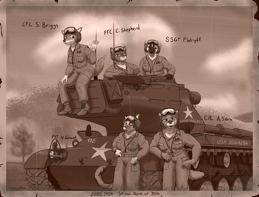 anthro boots clothing cloud eyewear eyewear_on_head female footwear gesture goggles goggles_on_head group hill jerrycan korean_war looking_at_viewer m1919 m47_patton military military_uniform photo plant shoes smile tank tanker_helmet teeth text tree uniform vehicle waving panzerschreckleopard carol_shepherd american_badger badger calico_cat canid canine canis coyote domestic_cat felid feline felis mammal mustelid musteline red_wolf wolf 2023 absurd_res english_text hi_res huge_filesize monochrome sepia