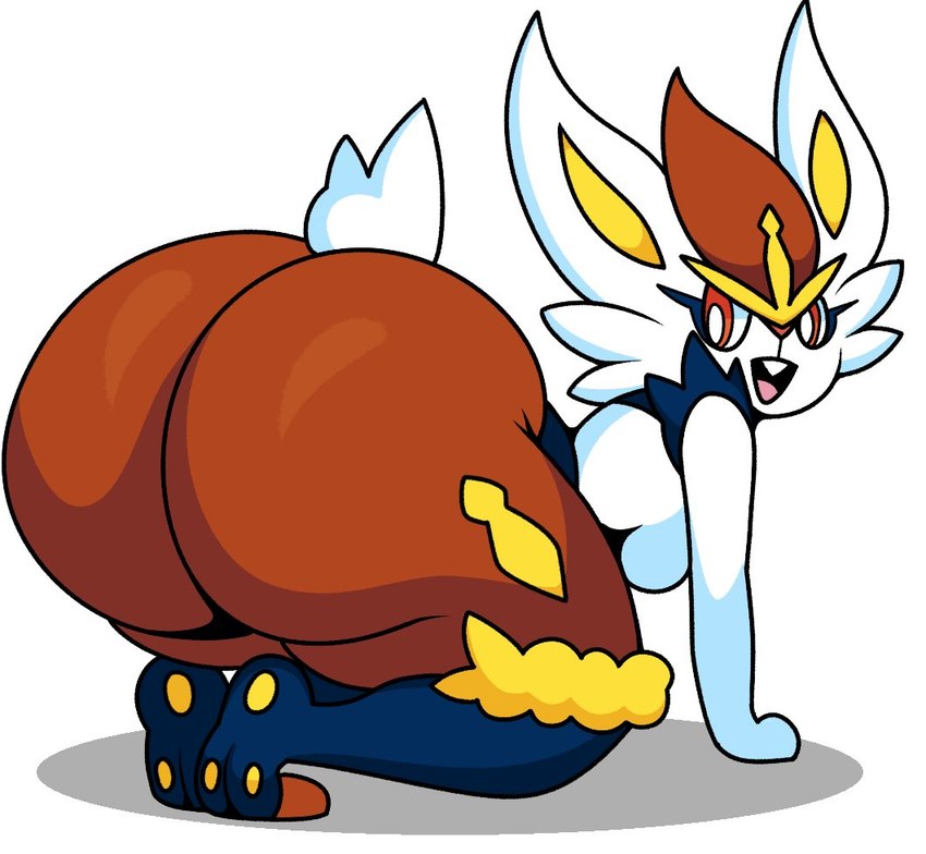 all_fours bent_over big_butt breasts butt female huge_butt looking_back open_mouth scut_tail short_tail simple_background solo tail thick_thighs white_background white_body jutsapostion nintendo pokemon cinderace generation_8_pokemon pokemon_(species) 2024 digital_drawing_(artwork) digital_media_(artwork)