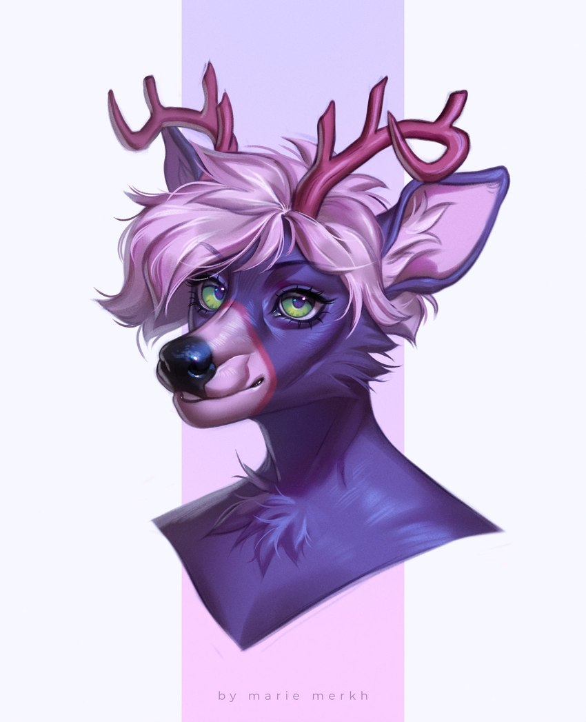 anthro antlers black_nose cheek_tuft chest_tuft facial_tuft fur glistening glistening_eyes green_eyes hair horn inner_ear_fluff markings pink_antlers pink_hair pink_inner_ear pink_inner_ear_fluff pink_markings purple_body purple_fur short_hair simple_background solo tuft marie_merkh deer mammal artist_name bust_portrait hi_res portrait